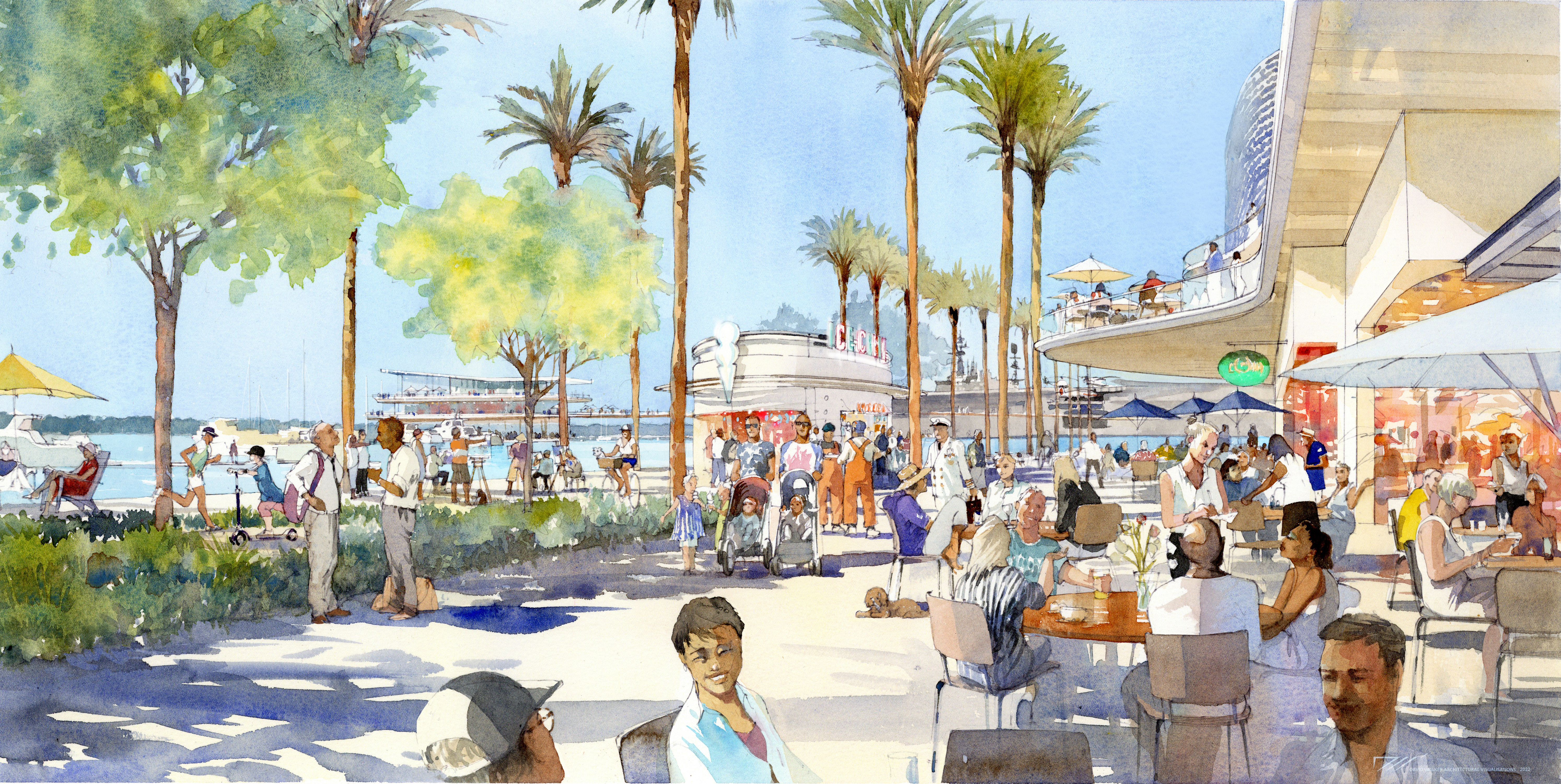 Artist rendering of people dining and relaxing on the promenade