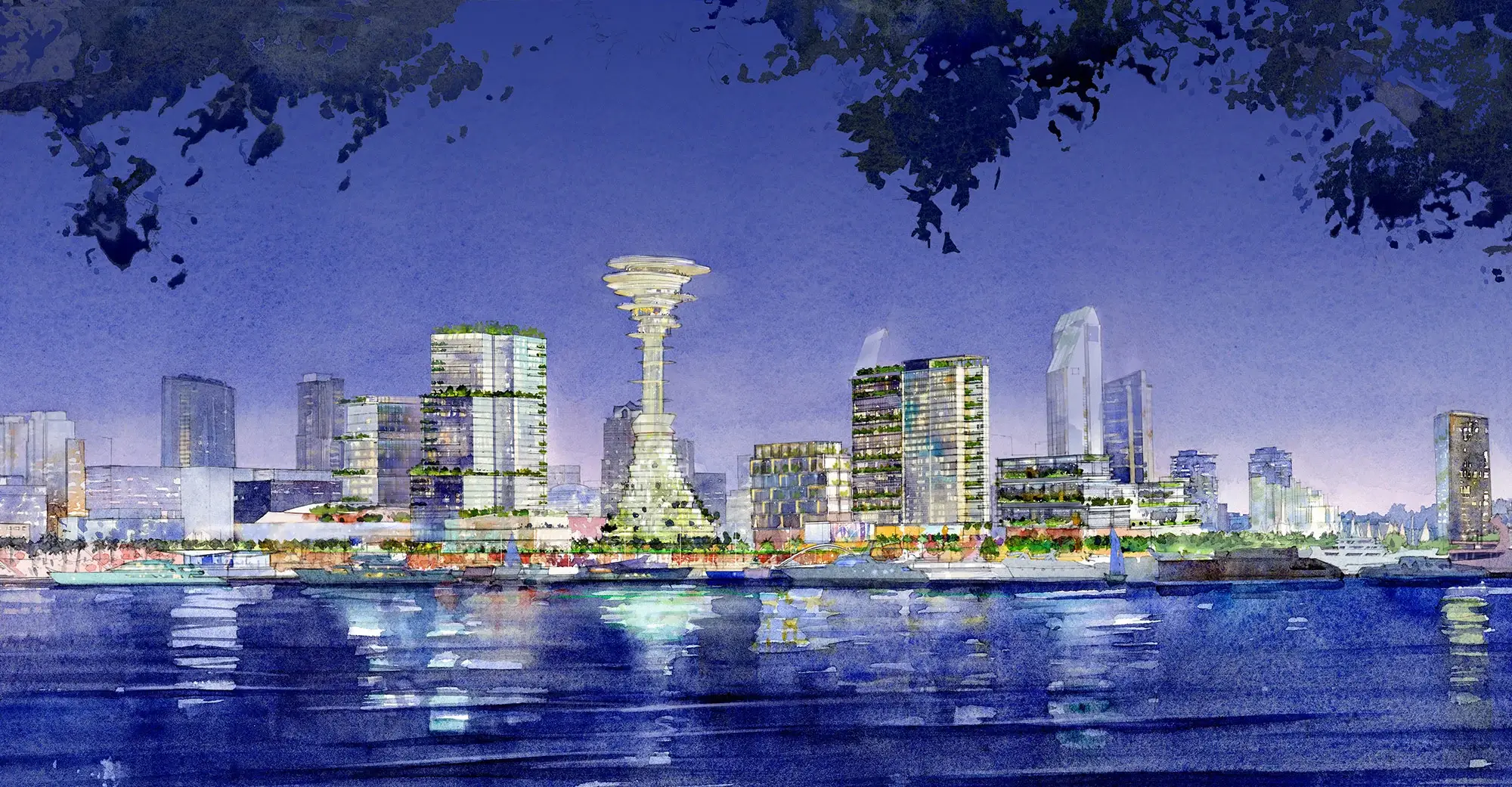 Artist rendering of the San Diego downtown waterfront viewed from Coronado at night.