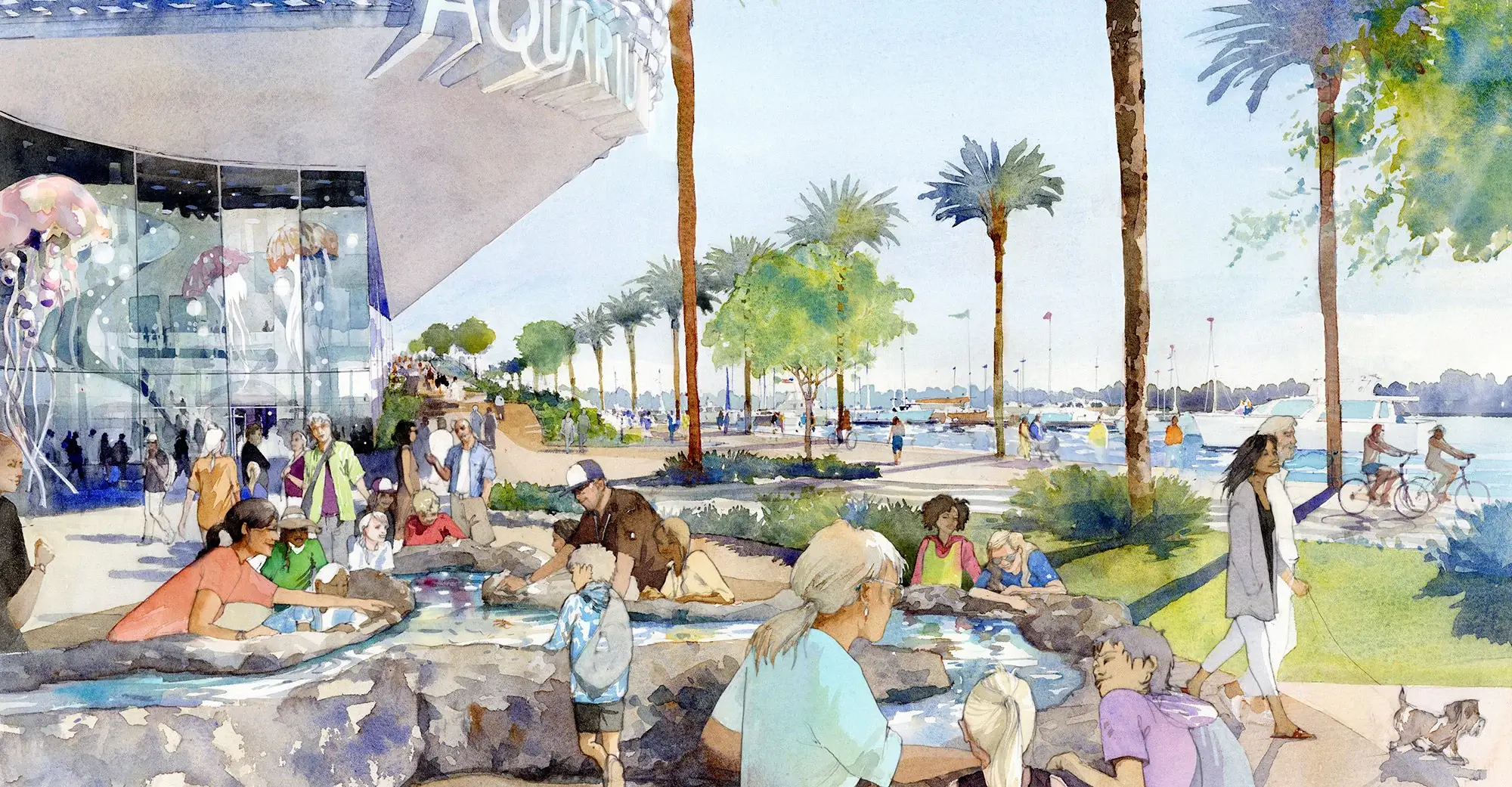 Artist rendering of people gathering and walking by a water feature.