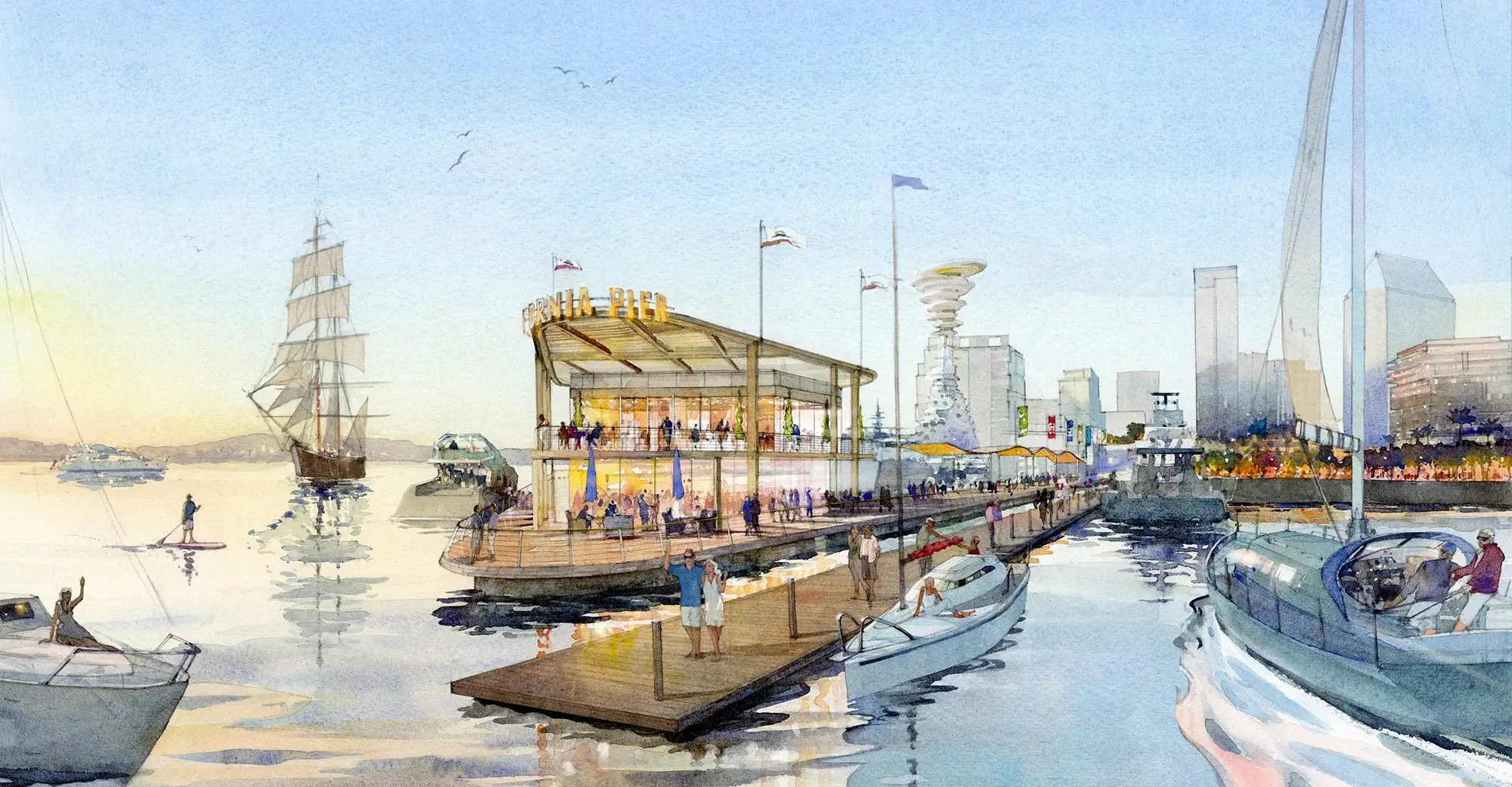 Artist rendering of boats in the bay at sunset beside the California Pier
