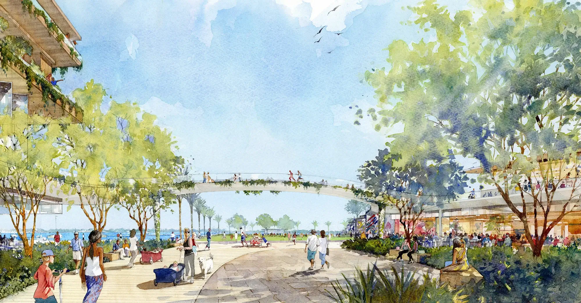 Artist rendering of people walking and gathering in park space and along the boardwalk.