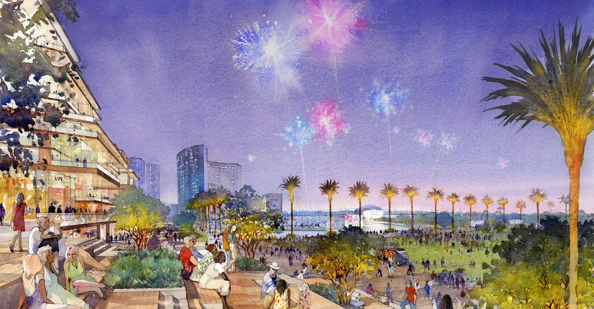 Artist rendering of fireworks going off in the bay, viewed from the boardwalk.